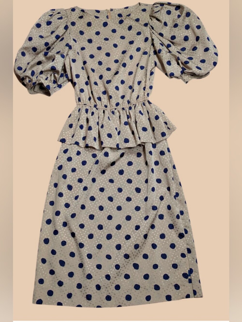 80s Connections Beige Polka Dot Peplum Dress